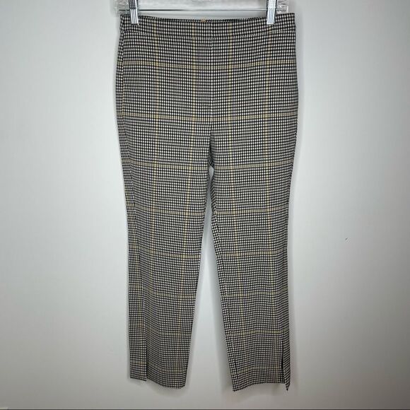 Theory Cropped Checked Woven Straight Leg Slit Pants 2 Brown Black Yellow Plaid - Picture 3 of 8